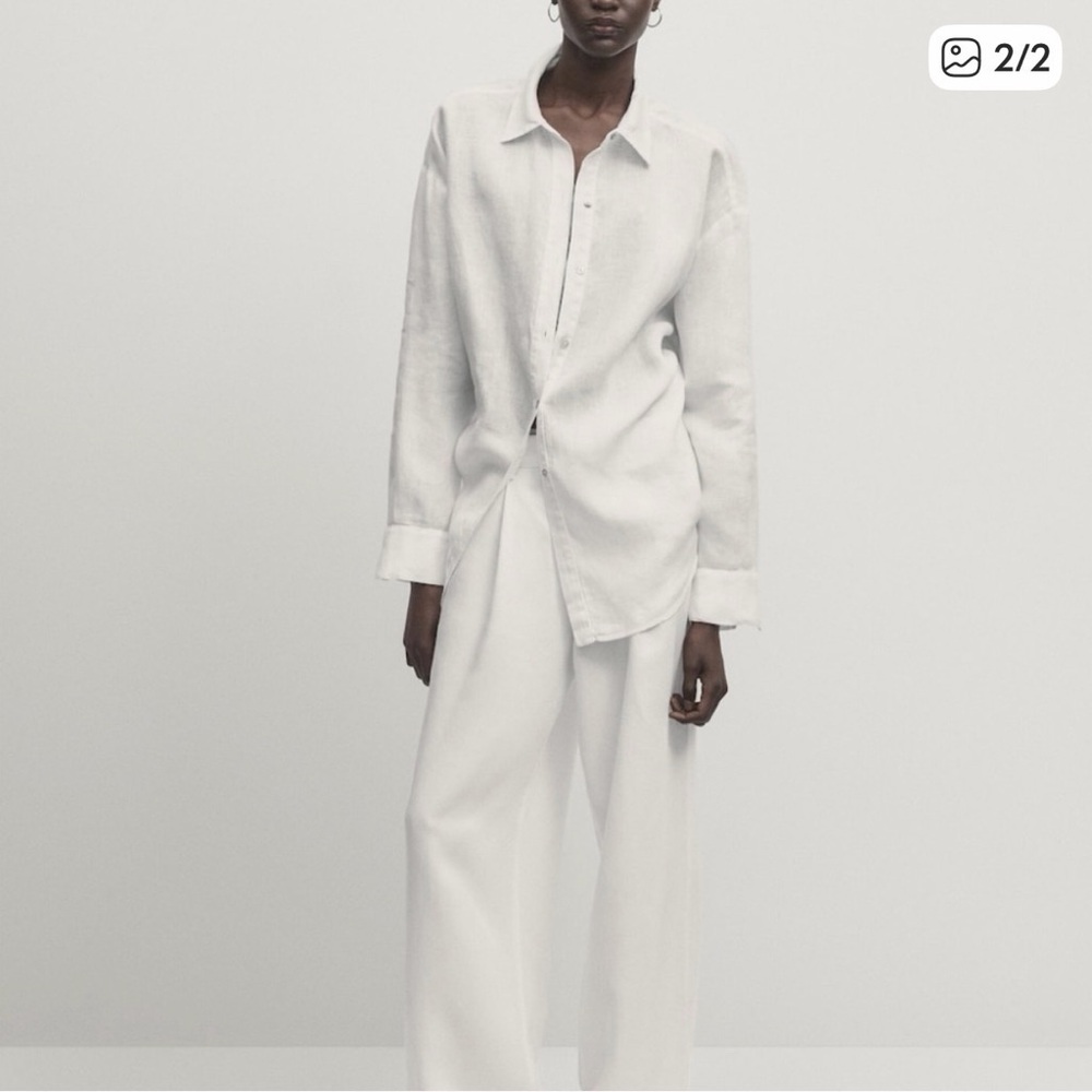 Massimo Dutti White 100%Linen Collared Shirt
